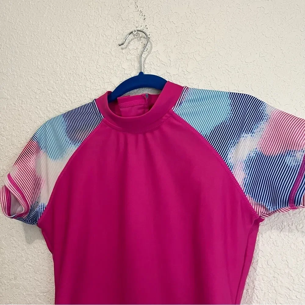 Eddie Bauer Rash Guard Girls Top Size S 7/8 Pink Tie Dye Short Sleeve Swimwear